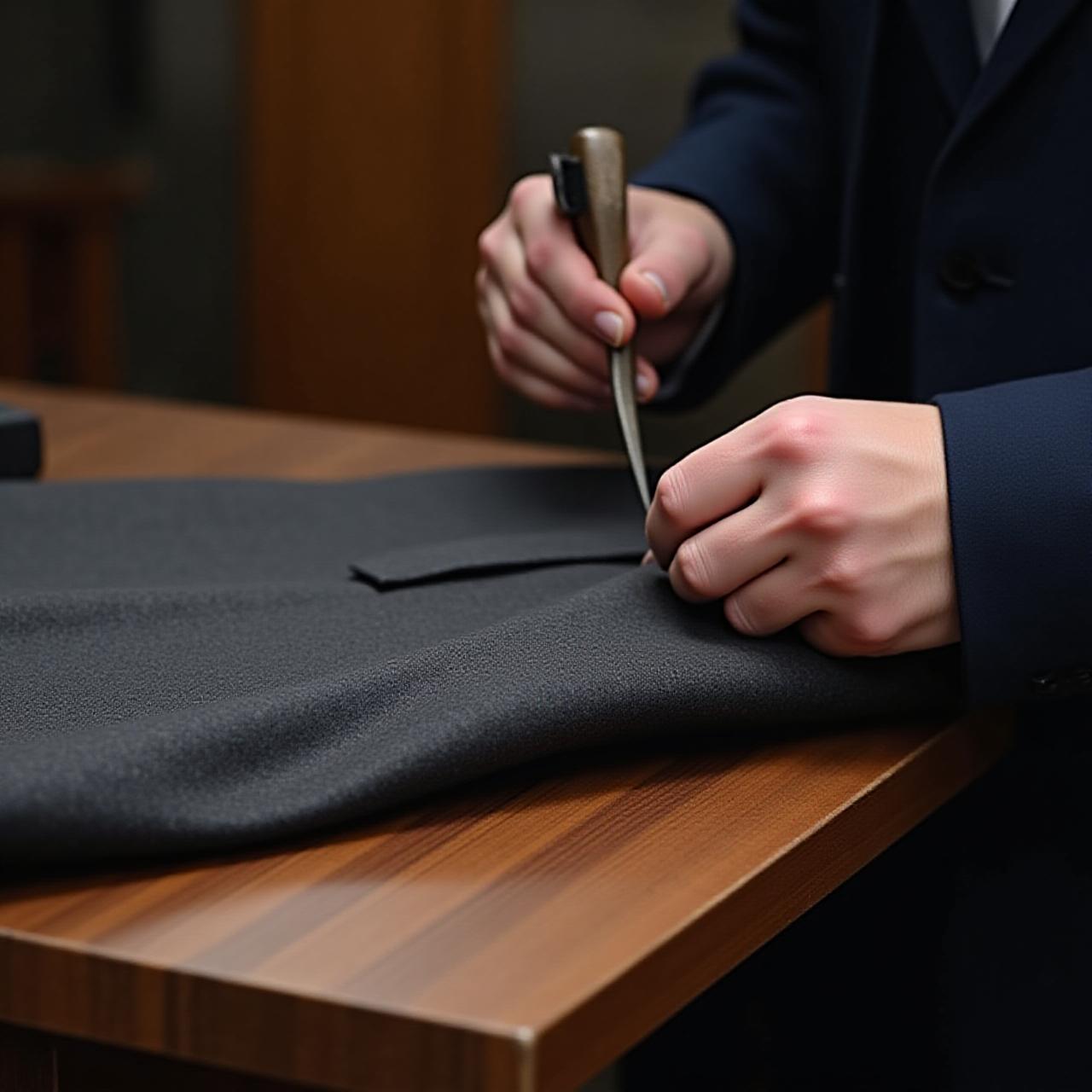 Artigiano sartoriale che lavora su un cappotto di lana pregiata